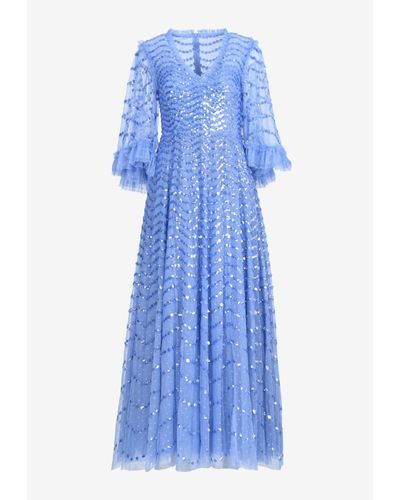 Needle & Thread V-Neck Shimmer Wave Gloss Sequined Gown - Blue