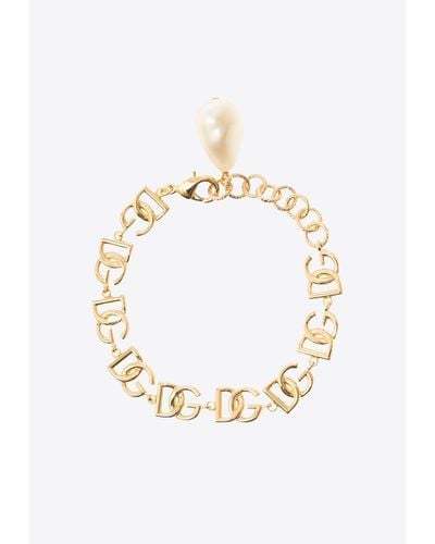 Dolce & Gabbana Dg Logo Chain Pearl Bracelet - White