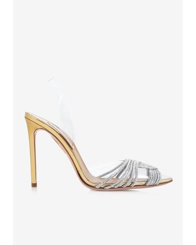 Aquazzura Gatsby 105 Crystal-Embellished Sling Court Shoes - White