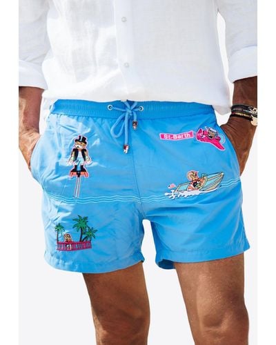Les Canebiers All-Over Saint-Barth Embroidered Swim Shorts - Blue