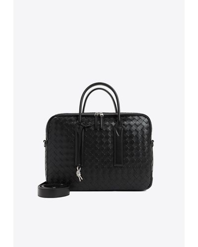 Bottega Veneta Weekender Top Handle Bag In Intrecciato Leather - Black
