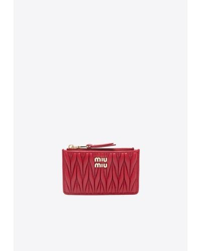 Miu Miu Logo Plaque Quilted Leather Zip Cardholder - Red