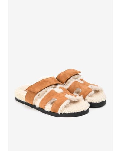 Hermès Chypre Shearling Suede Sandals - White
