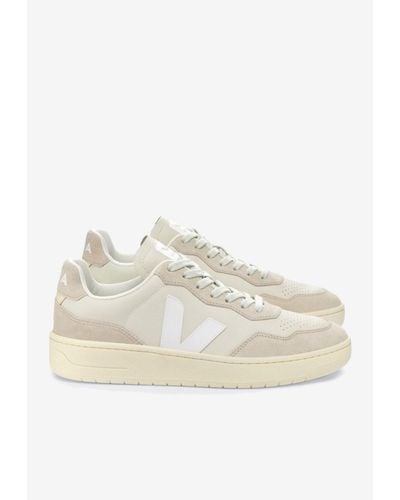 Veja V-90 Leather Low-Top Trainers - Natural