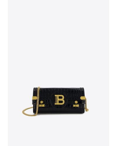 Balmain B-Buzz Pouch 23 Croc-Embossed Leather Clutch - White