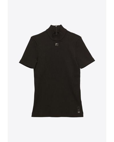 Fendi Logo-Plaque High-Neck T-Shirt - Black