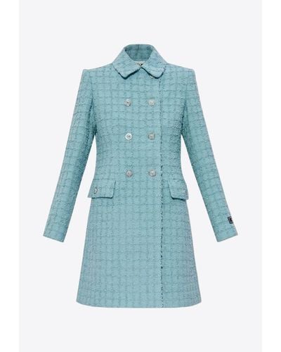 Versace Tweed Double-Breasted A-Line Coat - Blue