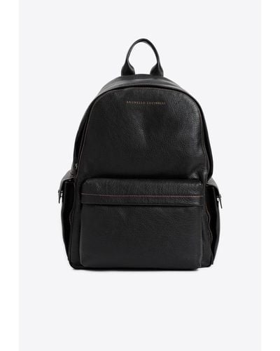 Brunello Cucinelli Grained Leather Logo Backpack - Black