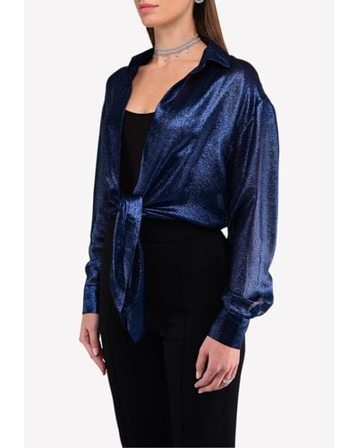 Alexandre Vauthier Silk-Blend Metallic Lurex Tie-Up Crop Shirt - Blue