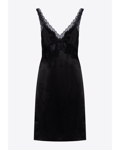 Saint Laurent Lace-Trimmed Silk Midi Dress - Black