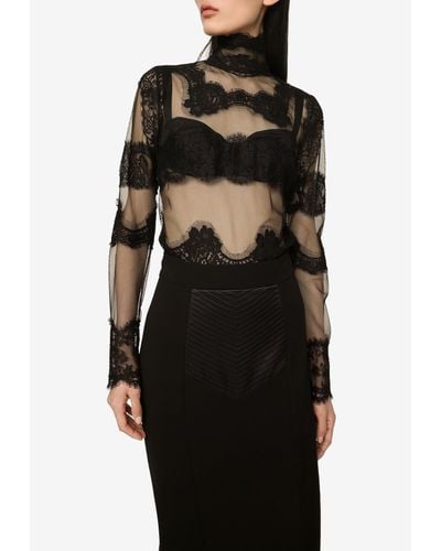 Dolce & Gabbana Tulle Turtleneck Top With Lace Inserts - Black