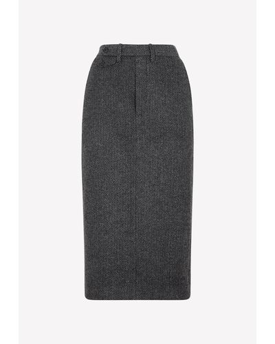 Ralph Lauren Herringbone Pencil Midi Skirt In Wool - Grey