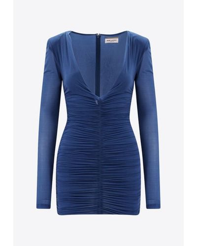 Saint Laurent Ruched V-Neck Mini Dress - Blue