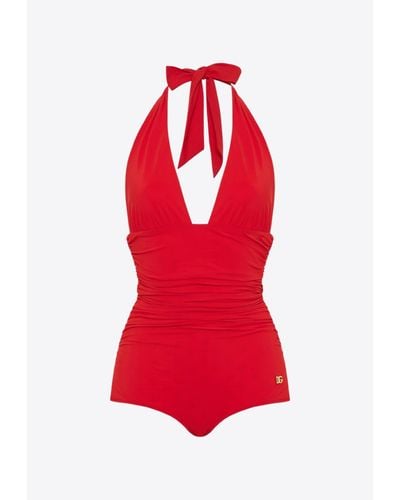 Dolce & Gabbana Plunging V-neck Swimsuit - Red