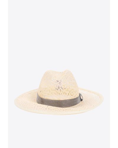 Brunello Cucinelli Strass-Strap Woven Fedora Hat - White