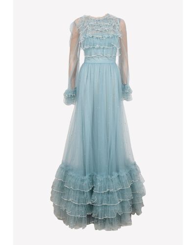 Valentino Ruffled Yoke Sequined Tulle Gown - Blue