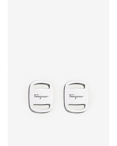 Ferragamo Large Vara Plate Earrings With Logo Engraving - Metallic