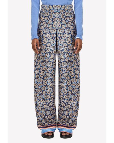 Ferragamo High-Waist Jacquard Silk Trousers - Blue