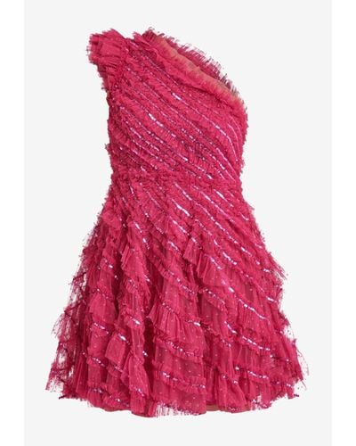 Needle & Thread Spiral Sequin One-Shoulder Mini Dress - Red