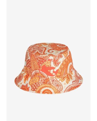 Etro Liquid Paisley Bucket Hat With Cube Logo - Orange