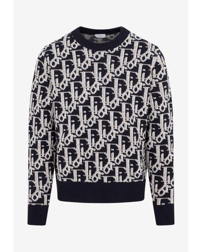 Dior Oblique Jacquard Sweater In Wool - Blue