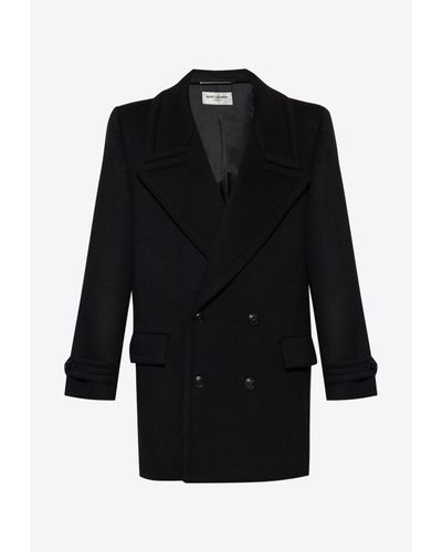Saint Laurent Double-Breasted Wool Short Coat - Black