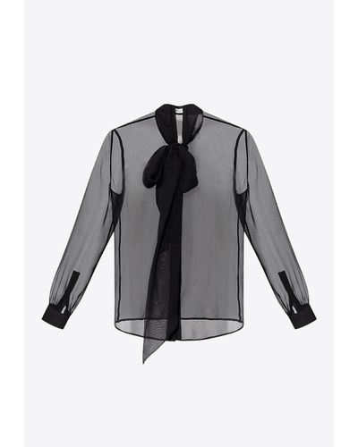 Saint Laurent Sheer Long-sleeved Silk Shirt - Gray