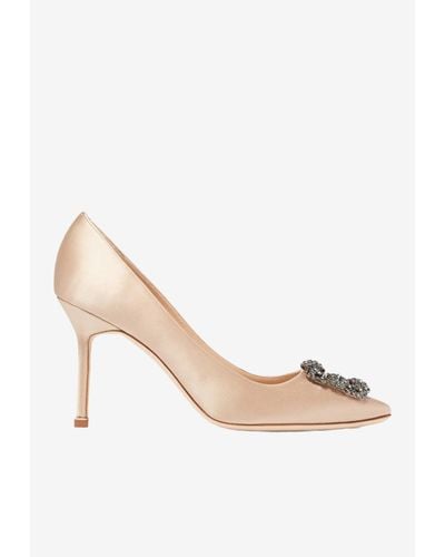 Manolo Blahnik Hangisi 90 Satin Pumps With Fmc Crystal Buckle - Natural