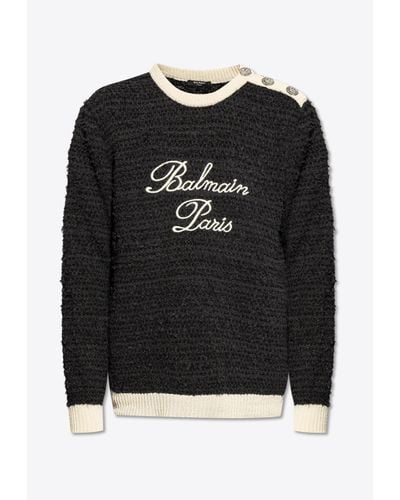 Balmain Logo Embroidered Tweed Sweater - Black