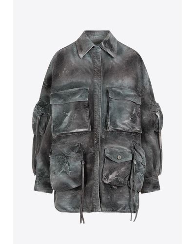 The Attico Fern Stained Camouflage Denim Jacket - Grey