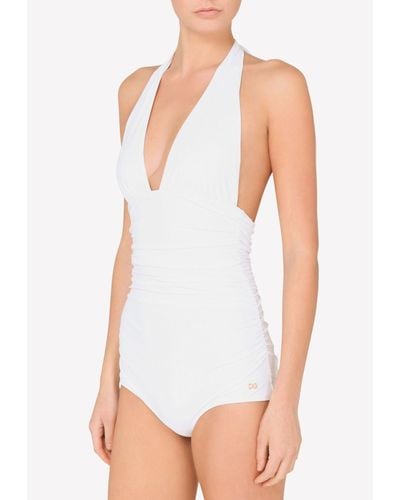 Dolce & Gabbana Ruched Halterneck One-Piece Swimsuit - White
