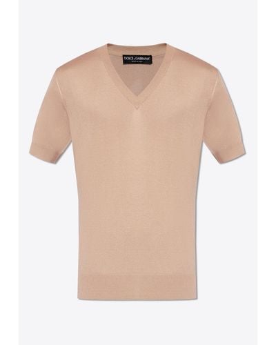 Dolce & Gabbana V-Neck Knitted T-Shirt - Natural