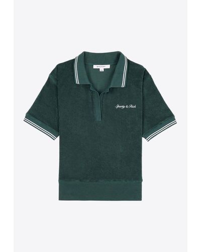 Sporty & Rich Syracuse Logo-Embroidered Terry Polo T-Shirt - Green