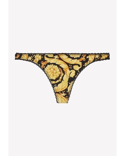 Versace Barocco Print Lace-Trimmed Thong - Yellow