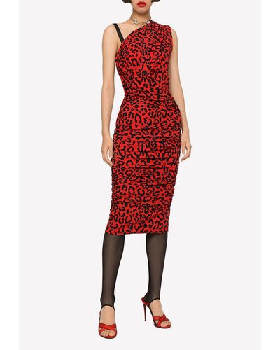 Dolce & Gabbana Leopard Print One-Shoulder Midi Dress - Red