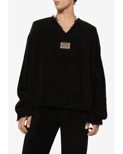 Dolce & Gabbana Terrycloth V-Neck Pullover Sweatshirt - Black