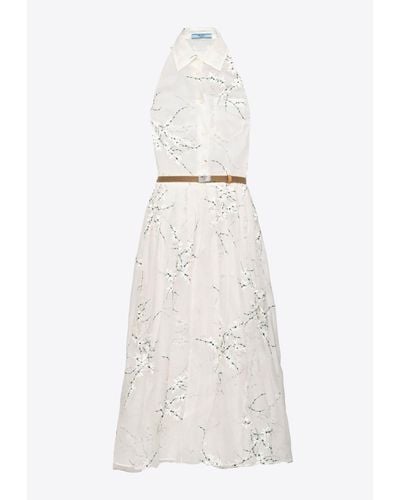 Prada Floral Embroidered Silk Midi Dress - White