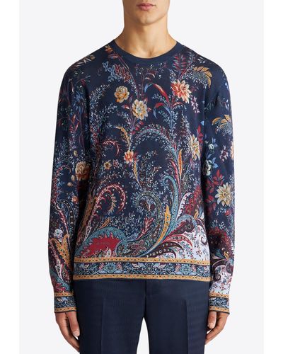 Etro Paisley Silk And Cashmere Floral Sweater - Blue