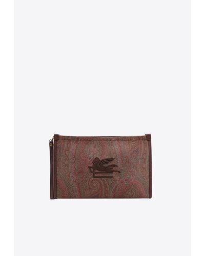 Etro Medium Paisley Embroidered Logo Pouch - Brown