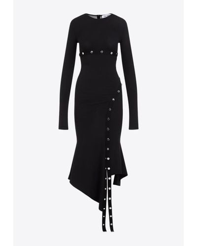 The Attico Asymmetric Snap-Detailed Midi Dress - Black