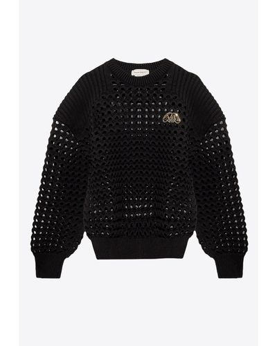 Alexander McQueen Textured Openwork Crewneck Sweater - Black