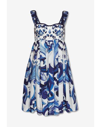 Dolce & Gabbana Majolica Print Bustier Mini Poplin Dress - Blue