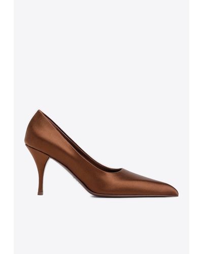 Prada 80 Pointed-toe Satin Court Shoes - Brown