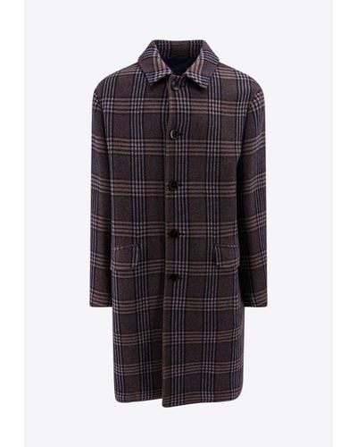 Etro Single-Breasted Check Pattern Coat - Blue