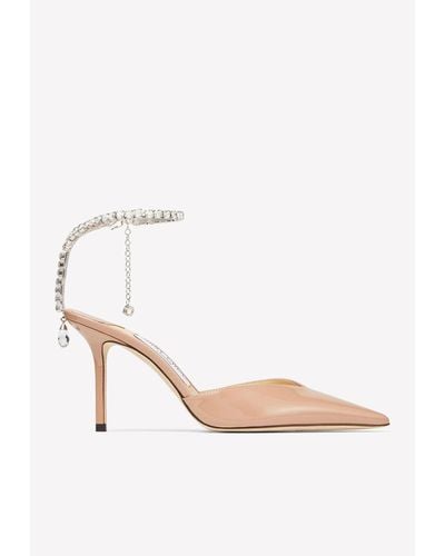 Jimmy Choo Saeda 85 Patent Leather Pumps With Crystal Chain - Natural