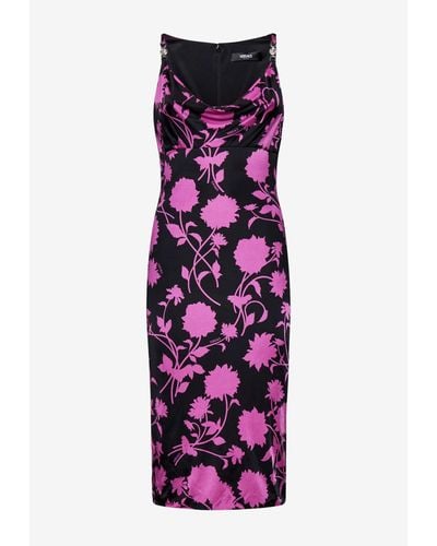 Versace Floral Print Sleeveless Midi Dress - Purple