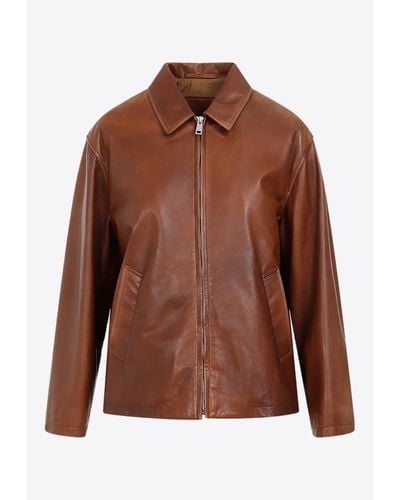 Prada Triangle-logo Leather Jacket - Women's - Cotton/lambskin - Brown