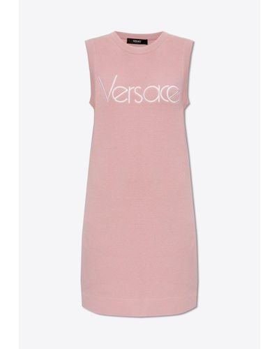Versace Logo Embroidered Mini Rib Knit Dress - Pink