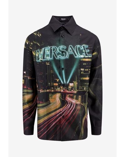 Versace City Lights Print Long-Sleeved Shirt - Gray