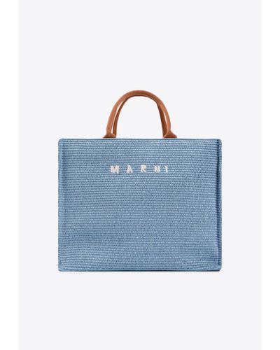 Marni Logo-Embroidered Raffia Tote Bag - Blue